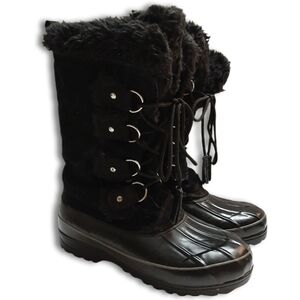 KHOMBU Winter Snow Tall Boots Suede Leather Faux Fur Lace-Up Black Women's Sz 8